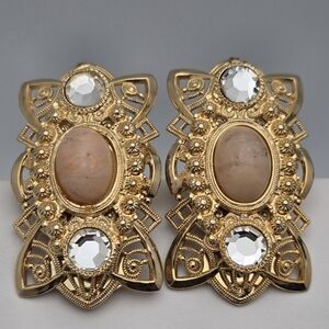 Vintage Gold-Tone Clip-On Earrings Faux Oval Pearls & Crystals